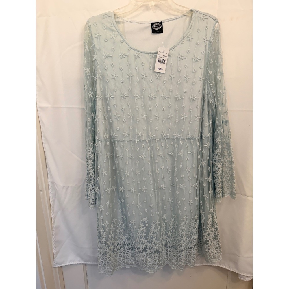 Calstyle Womens Floral Embroidered Mesh Bell Sleeve Dress Light Blue T8953A L